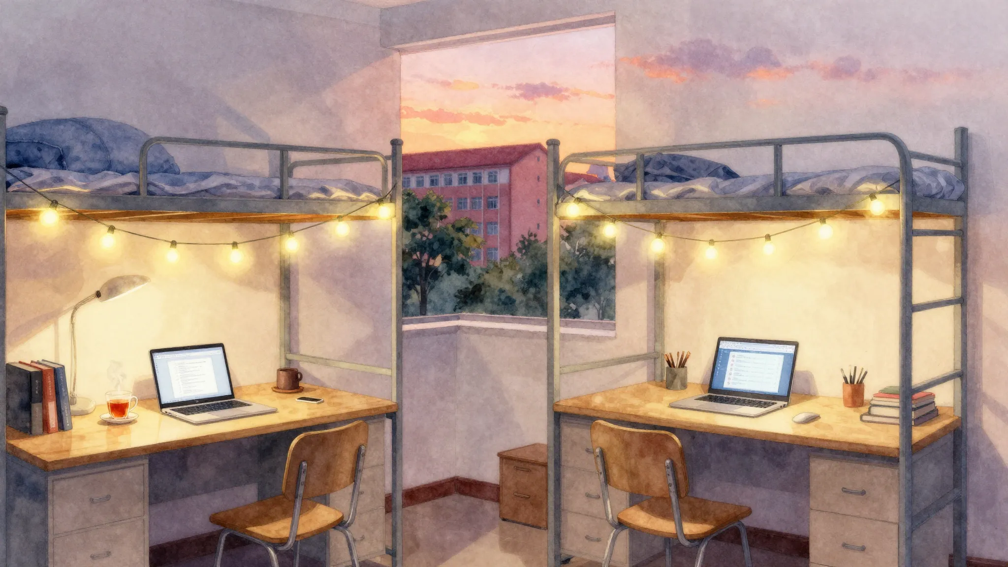 Watercolor style. A cozy dorm room in a Beijing tech univers...