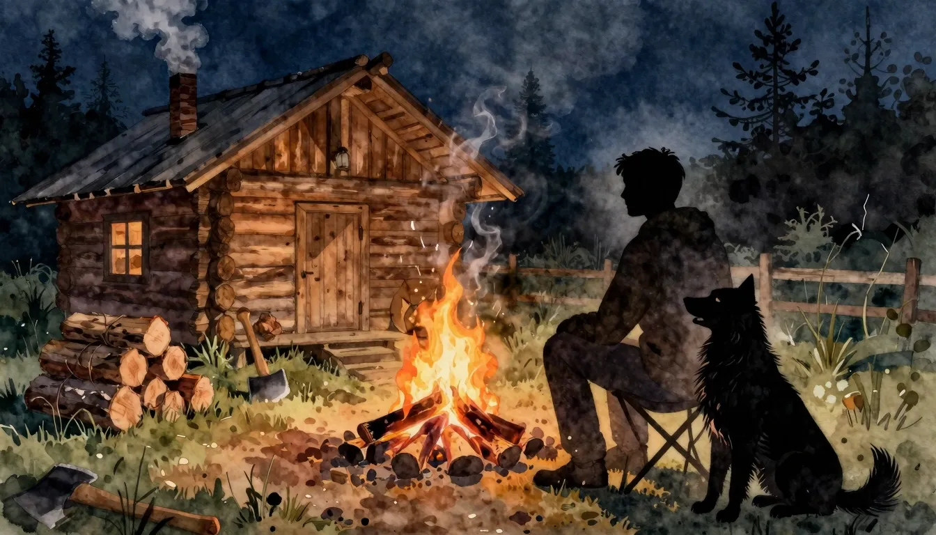 Watercolor style. A silhouette of a man sitting by a campfir...