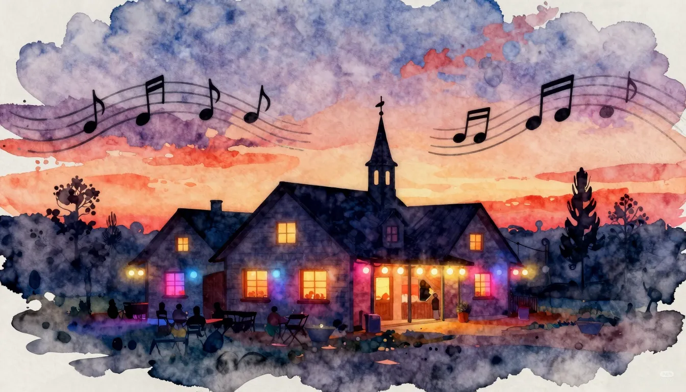 Watercolor style. A silhouette of a small village club build...