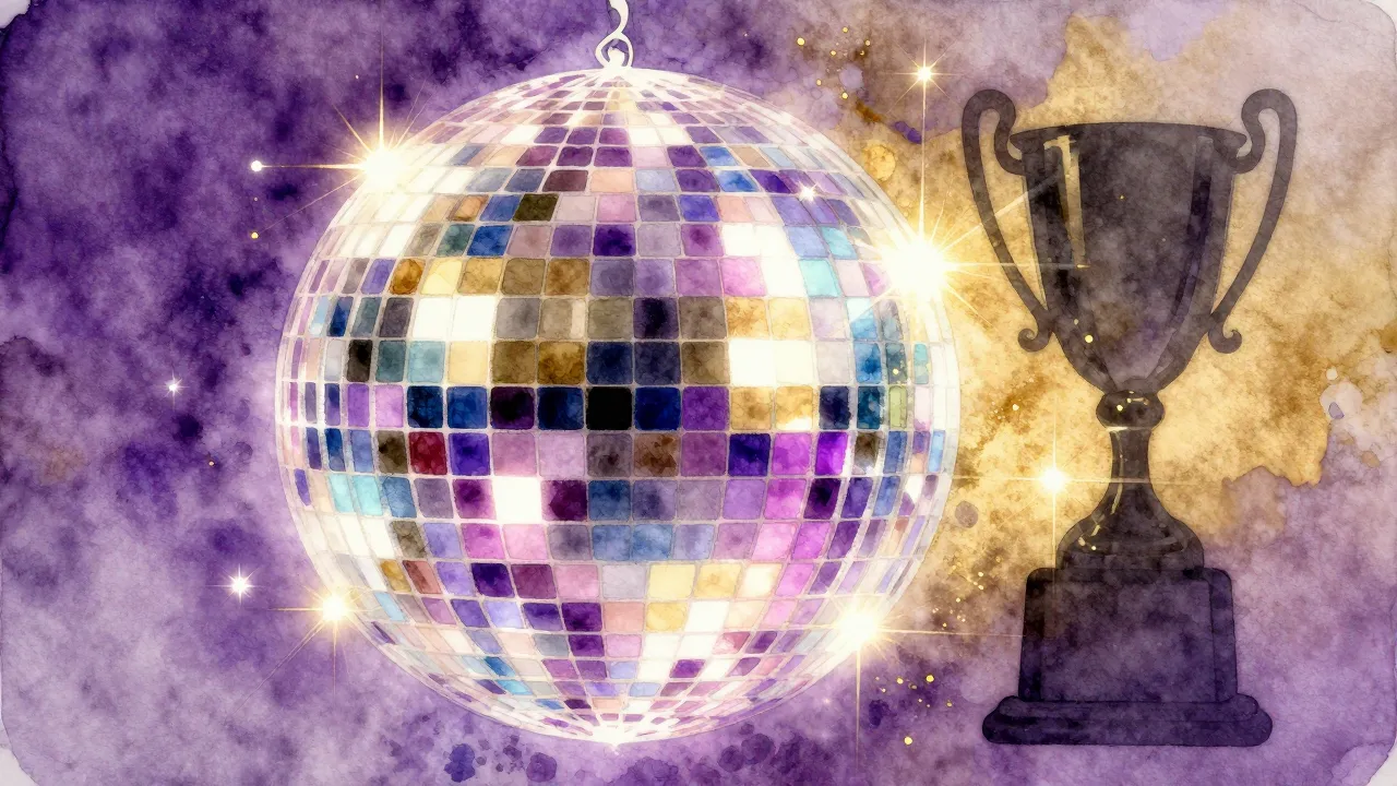Watercolor style. Abstract disco ball with neon lights and g...
