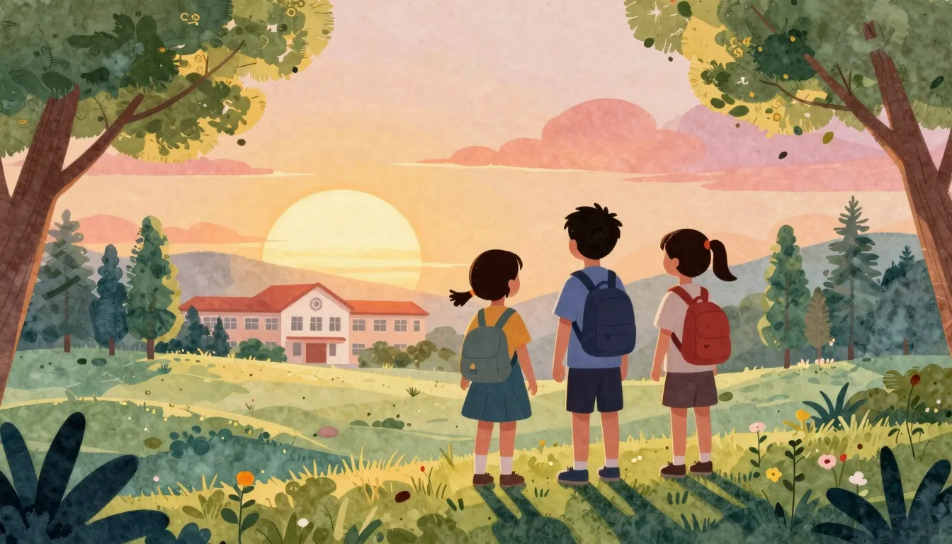 Watercolor style. Silhouette of children standing on a hill ...