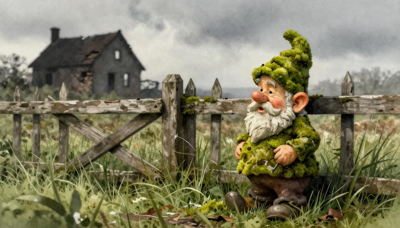 Watercolor style. A lonely, weathered garden gnome covered i...