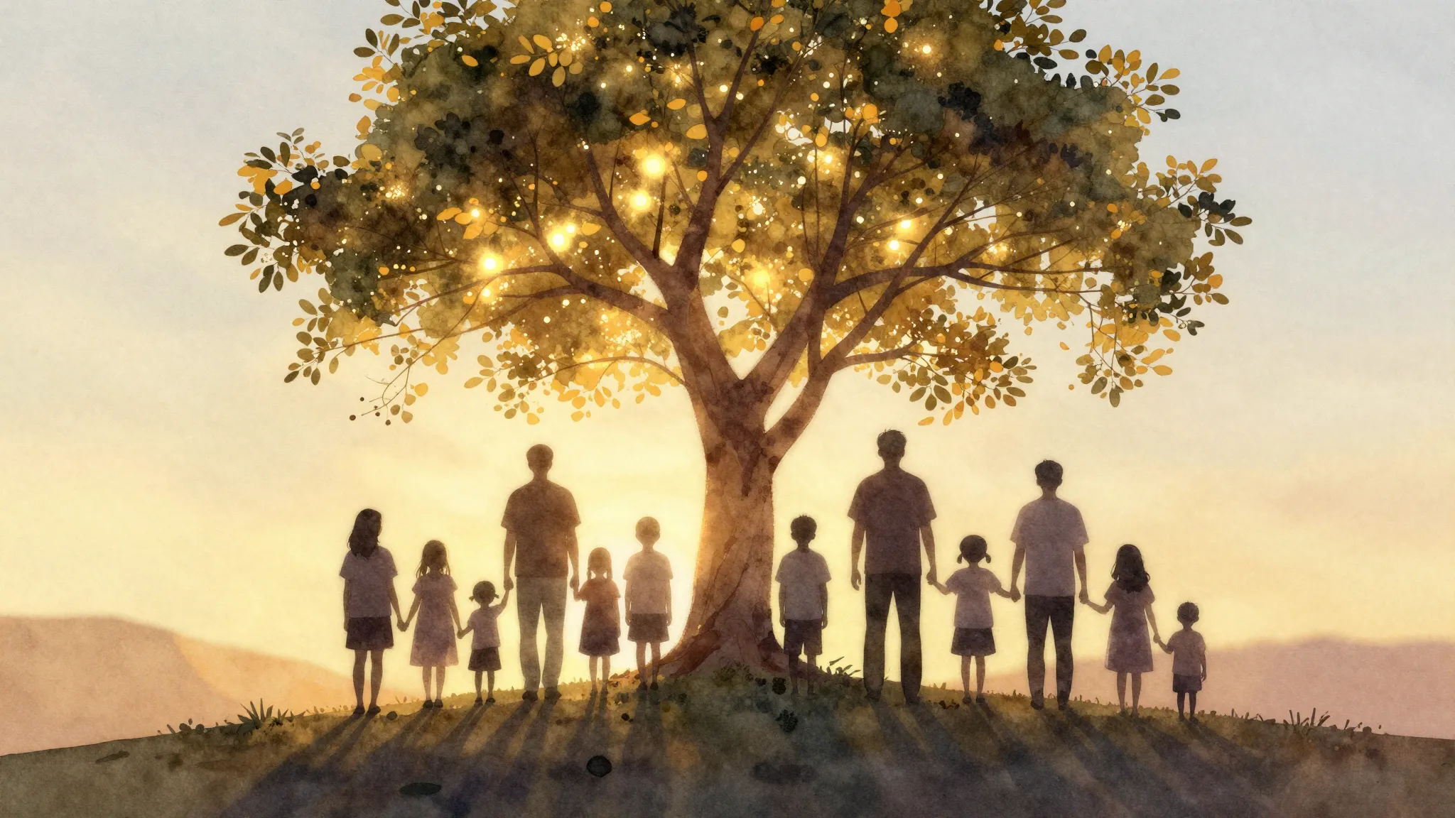 Watercolor style. Silhouettes of a large family standing tog...