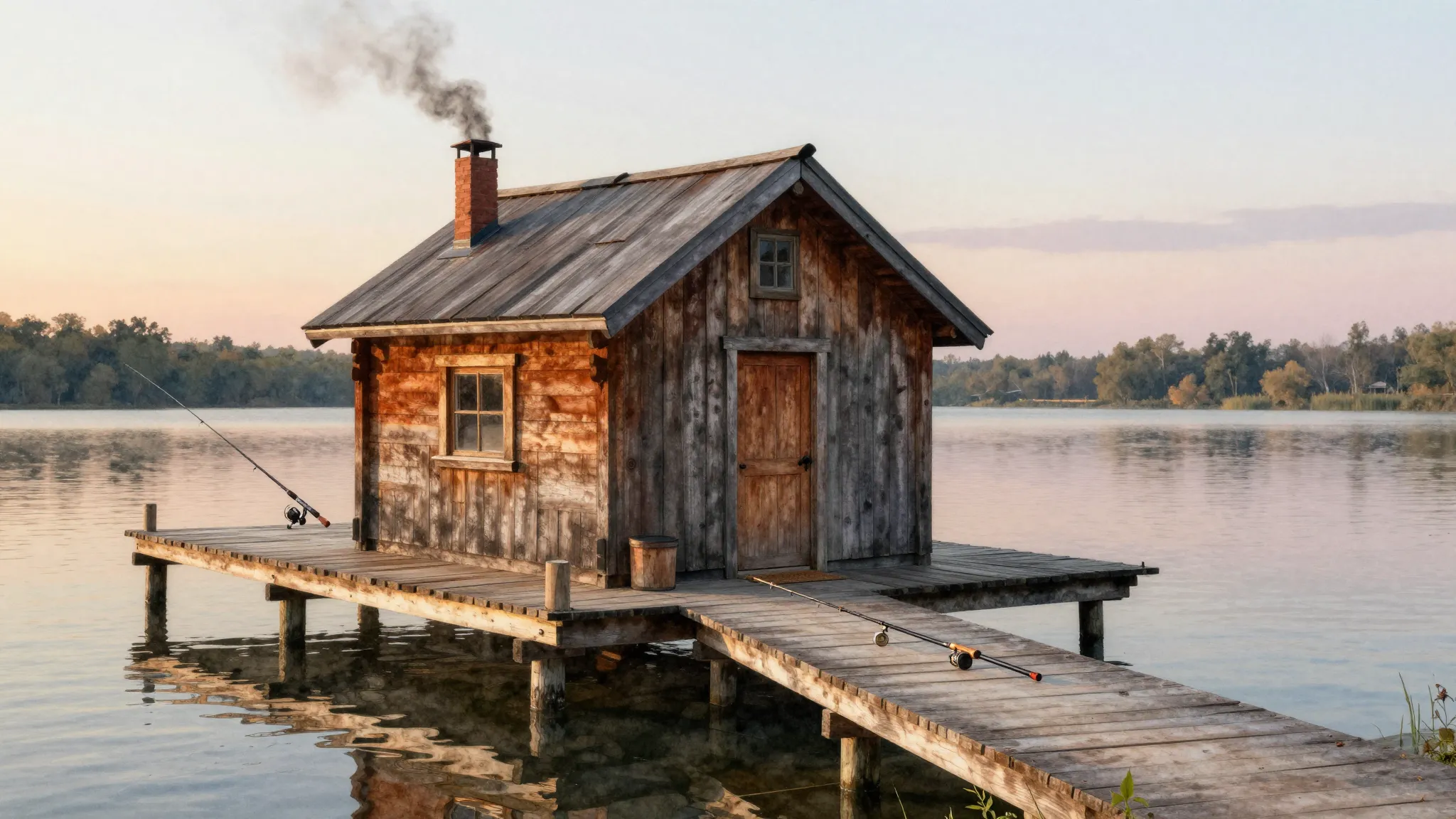 Watercolor style. A cozy wooden cabin near a calm lake, a fi...