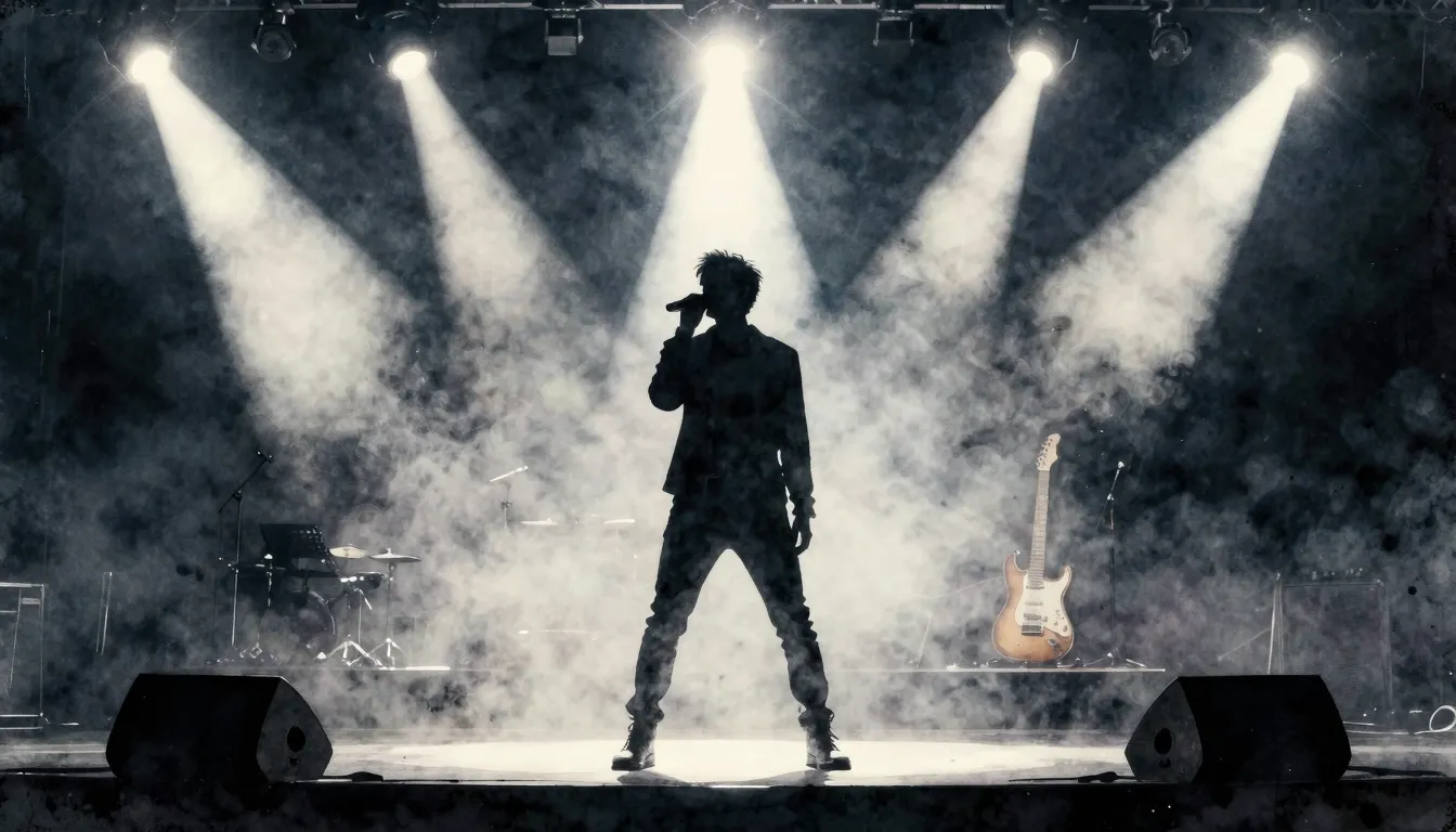 Watercolor style. Silhouette of a singer on a dark stage wit...
