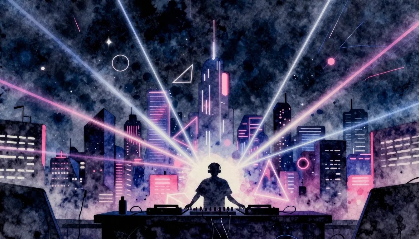 Watercolor style. Neon city skyline at night, glowing laser ...