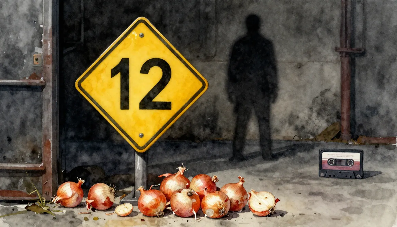 Watercolor style. A warning sign with number 12. A shadowy f...