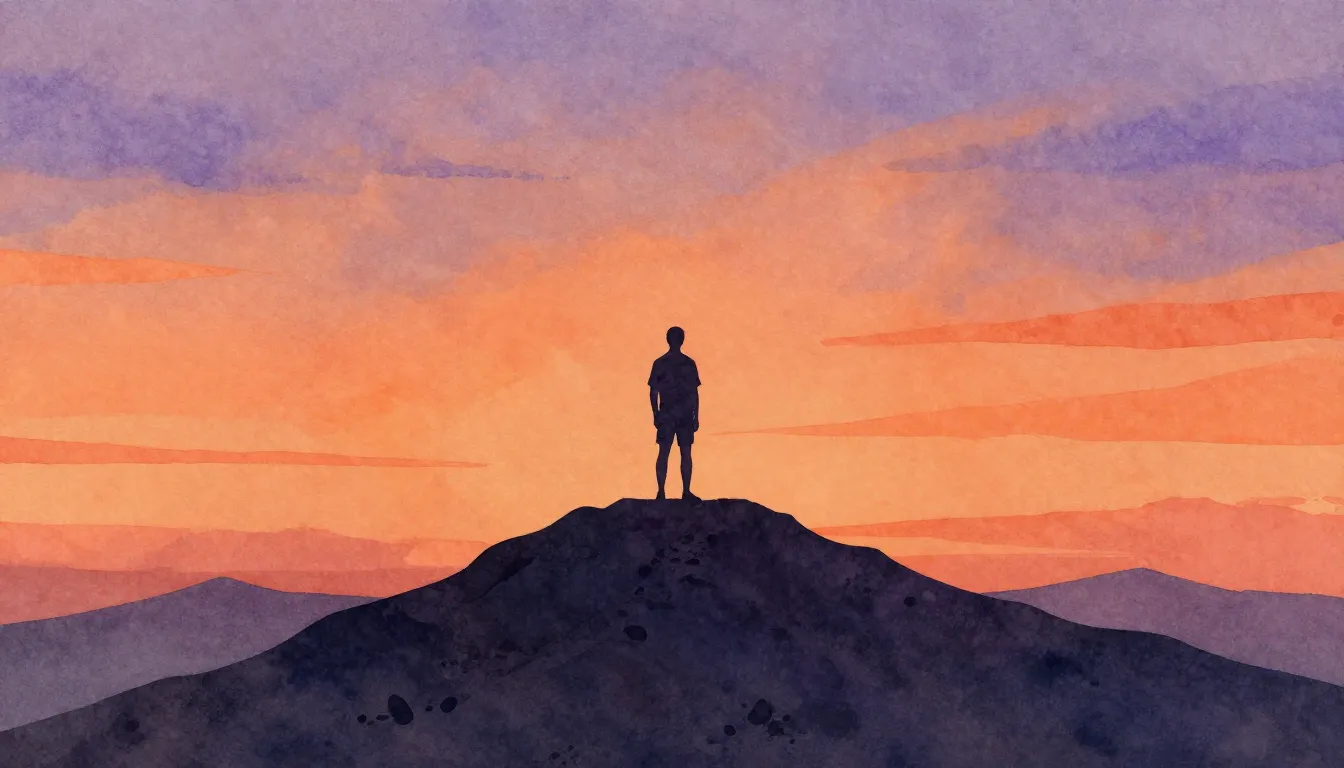 Watercolor style. A silhouette of a person standing on a mou...
