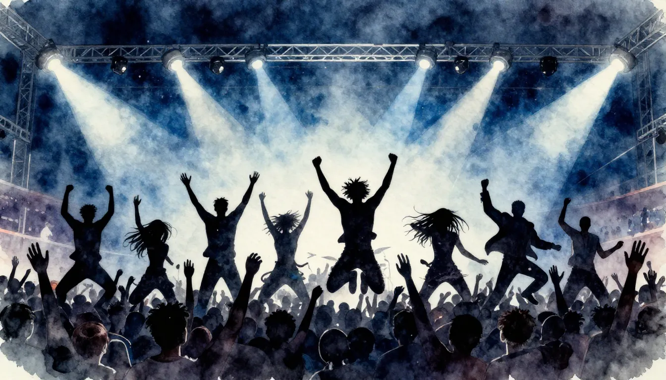 Watercolor style. Silhouette of a crowd jumping at a stadium...