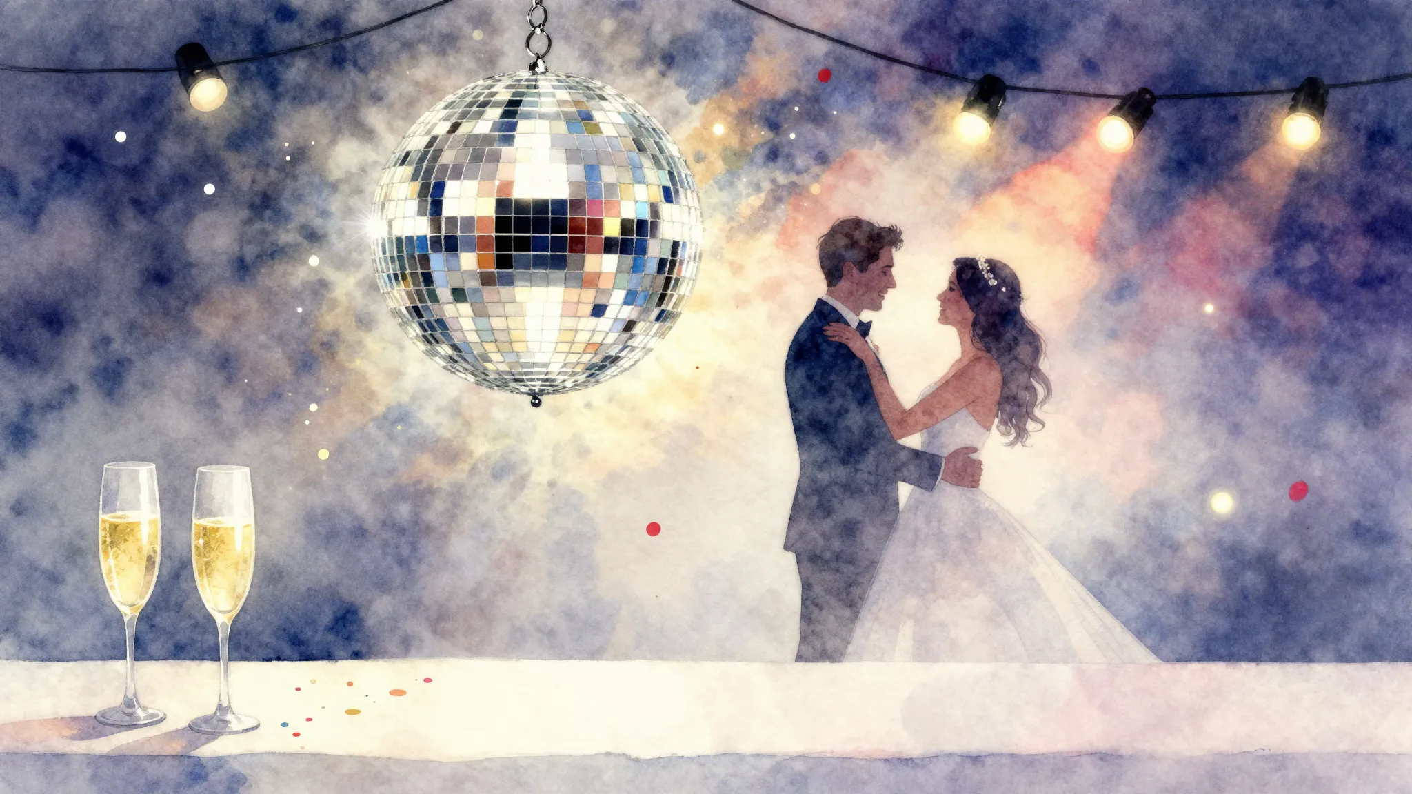 Watercolor style. A sparkling disco ball hanging over a fest...
