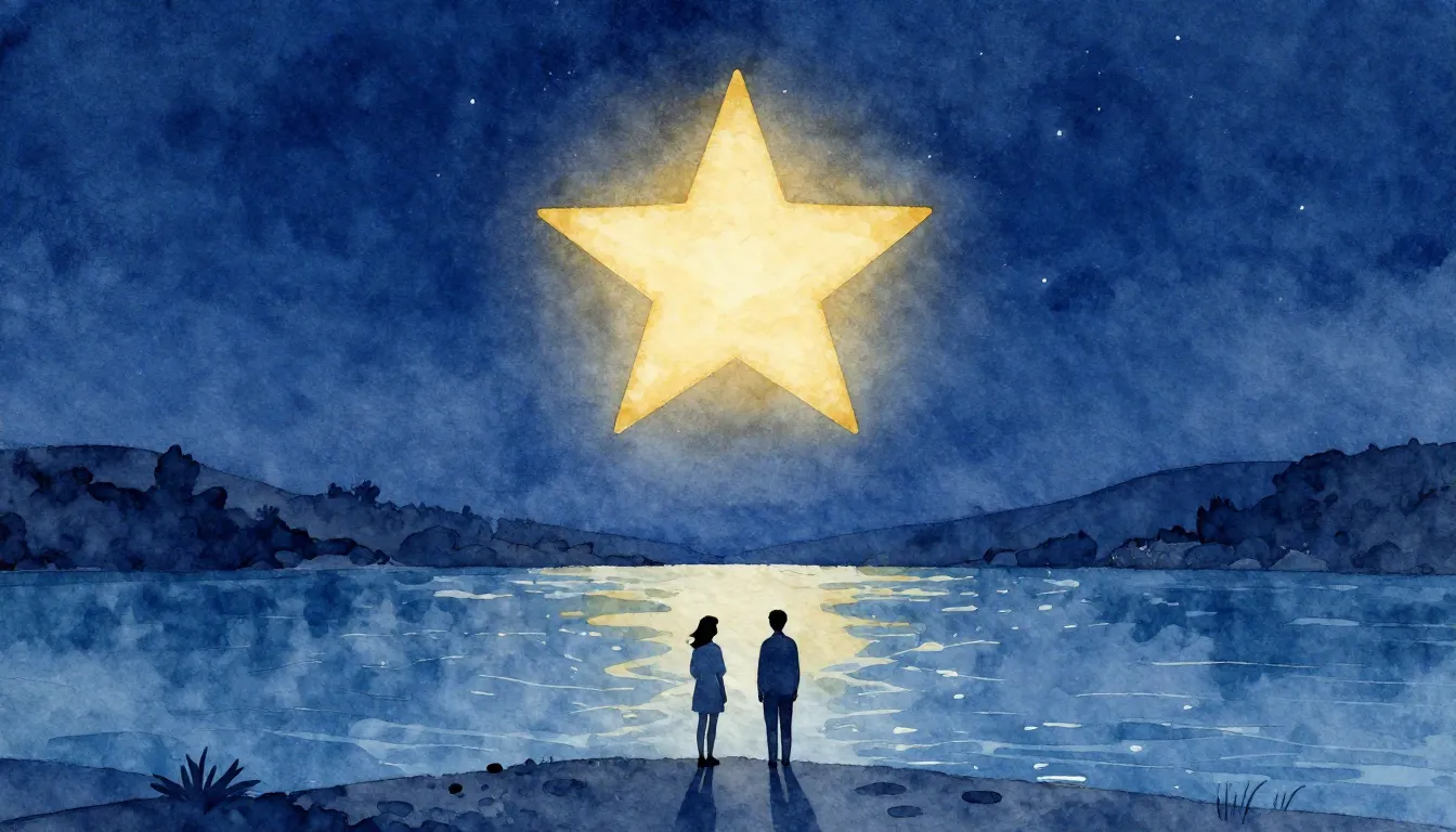 Watercolor style. A silhouette of two figures standing by a ...