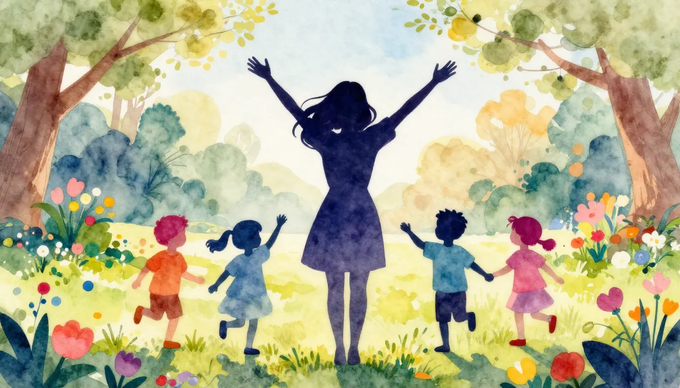 Watercolor style. Silhouette of a joyful woman surrounded by...