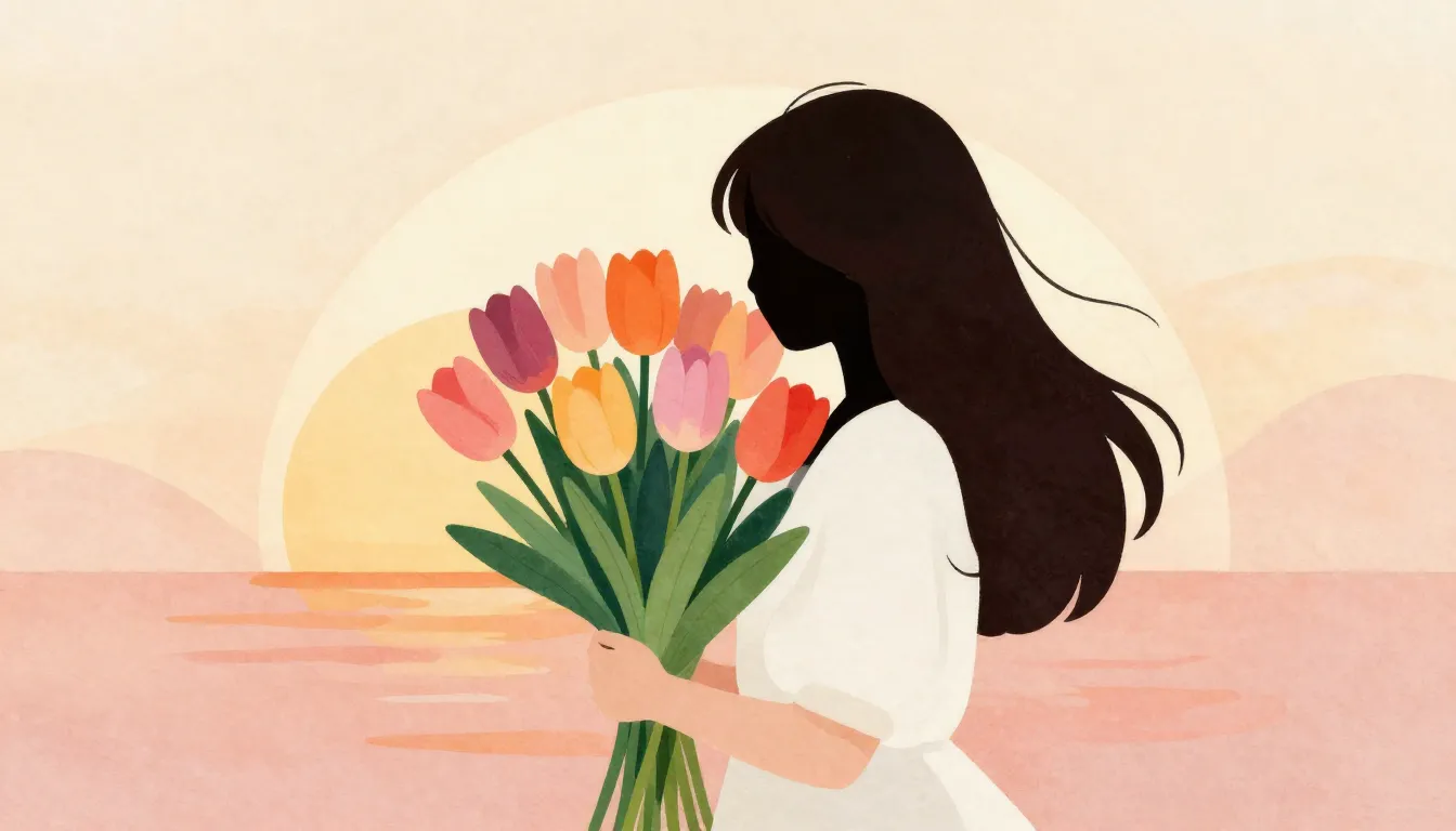 Watercolor style. Silhouette of a woman holding a large bouq...