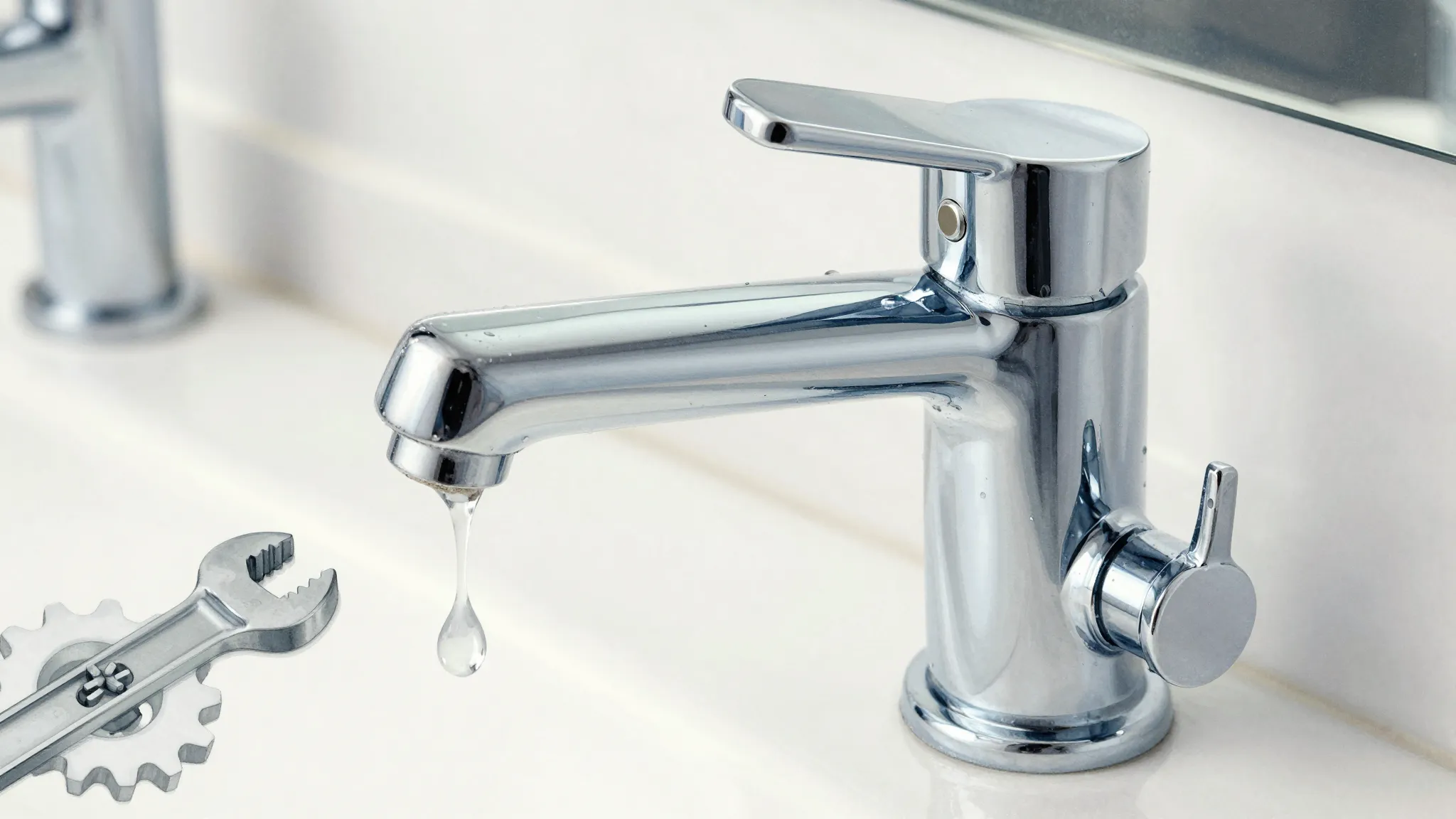 Watercolor style. Close-up of a shiny chrome faucet with wat...