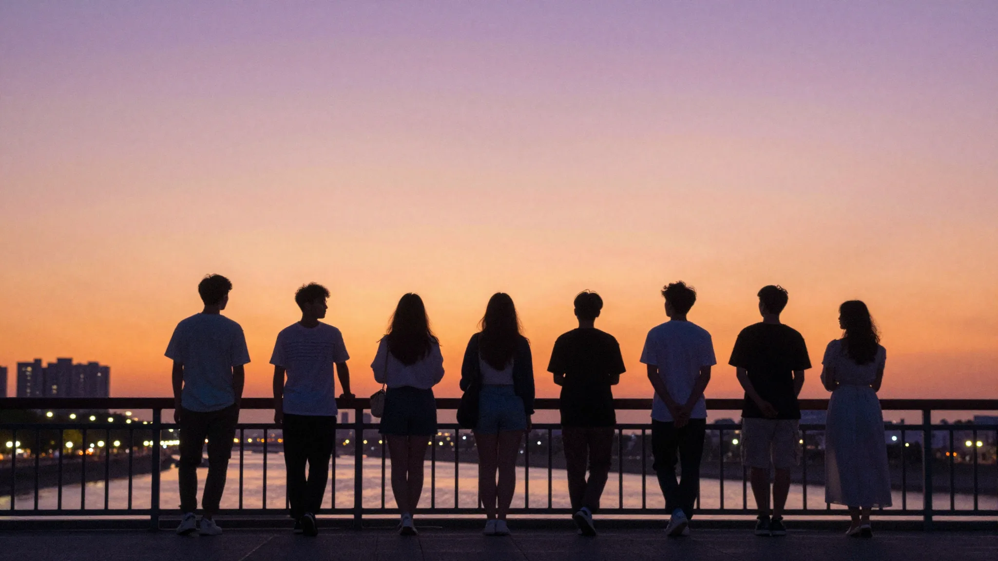 Watercolor style. Silhouettes of seven friends standing on a...