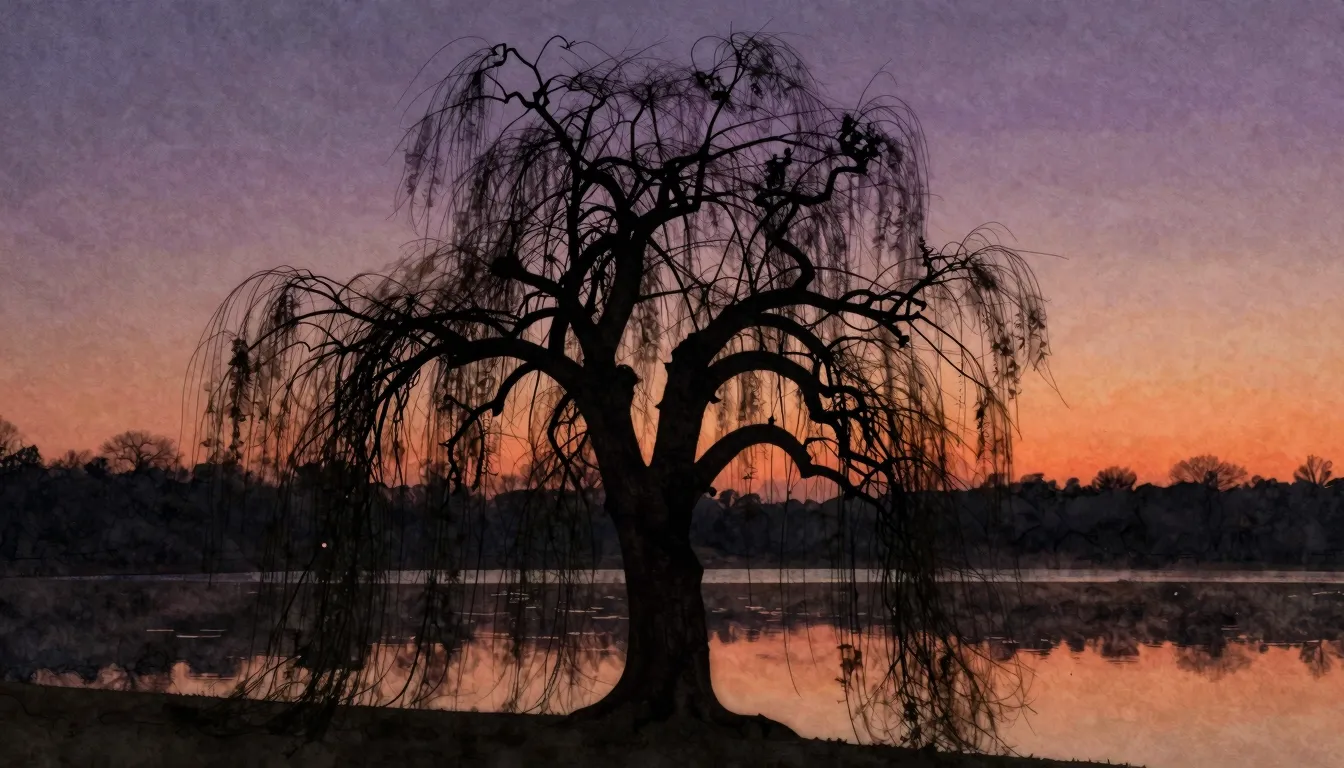 Watercolor style. A solitary silhouette of a large, old holl...