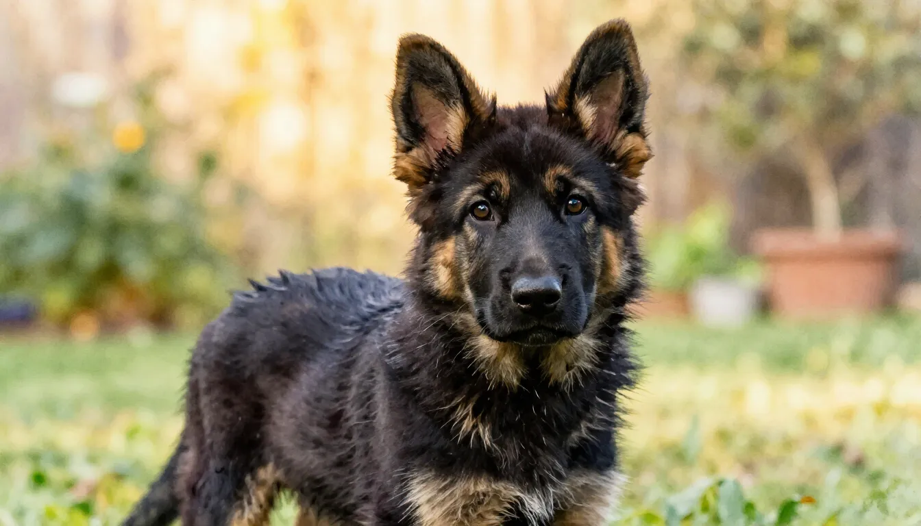 Watercolor style. A black long-haired German Shepherd puppy ...