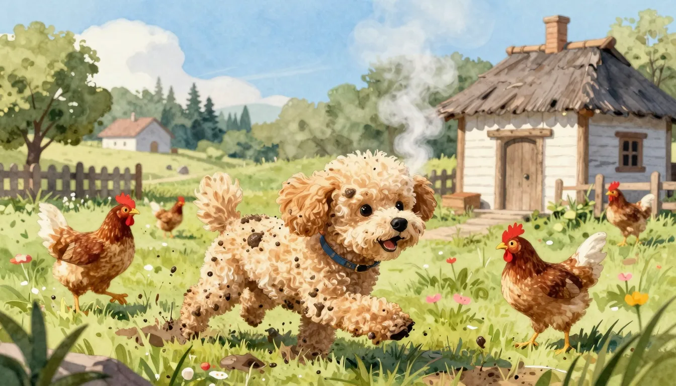 Vibrant watercolor style. A playful maltipoo dog, Luna, cove...