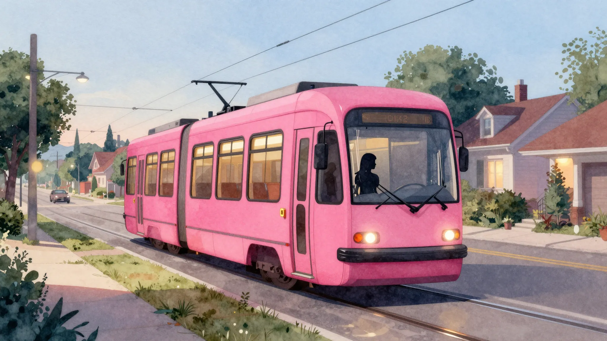Watercolor style. Silhouette of a girl driving a bright pink...