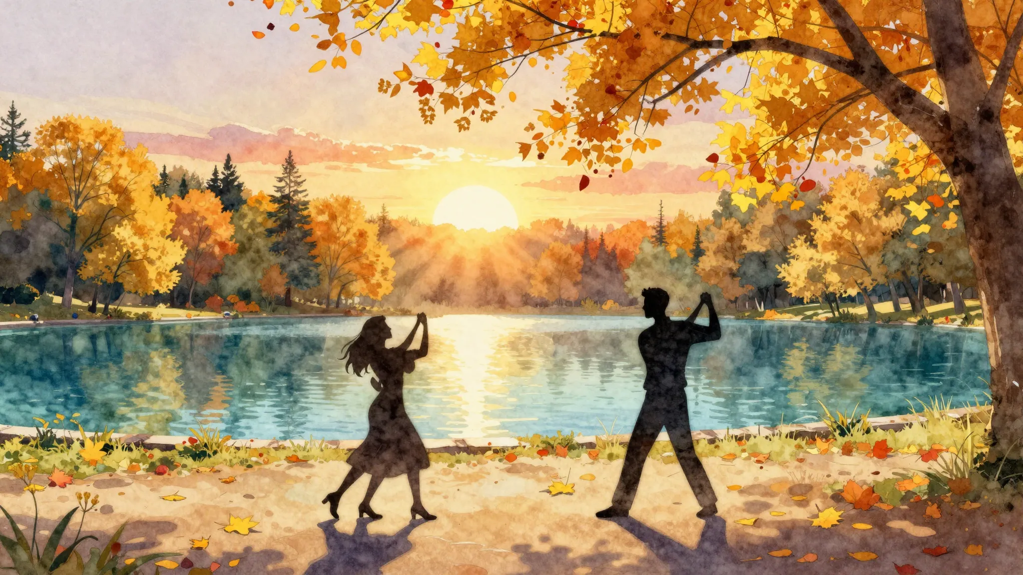Watercolor style. A golden autumn park with silhouettes of a...