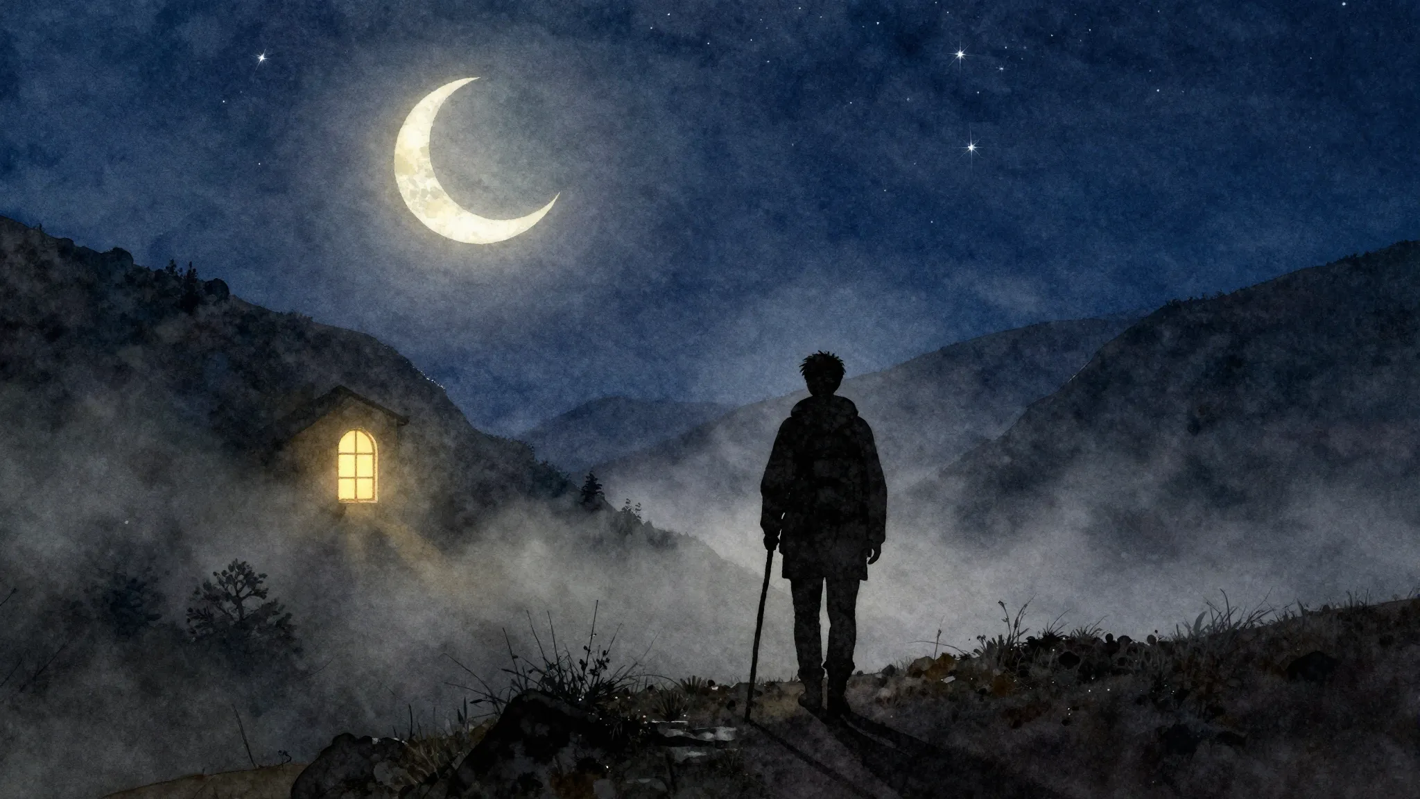 Watercolor style. A lonely silhouette of a wanderer with a s...