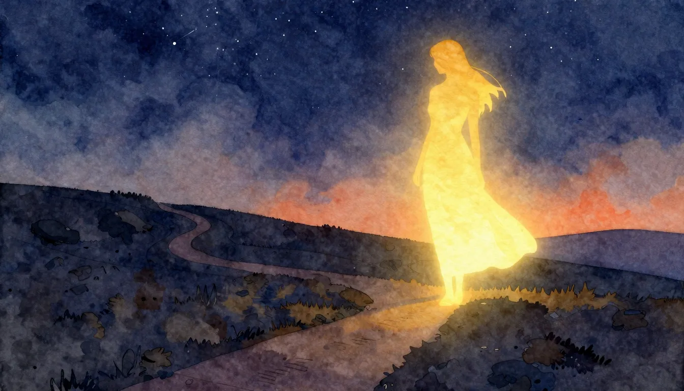 Watercolor style. A glowing golden silhouette of a female fi...
