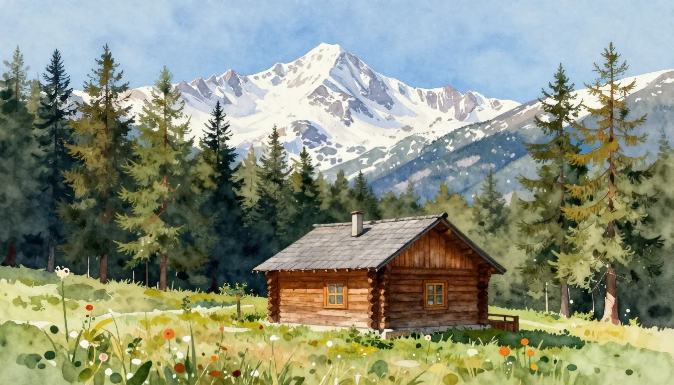 Watercolor style. A peaceful wooden cottage nestled among ta...