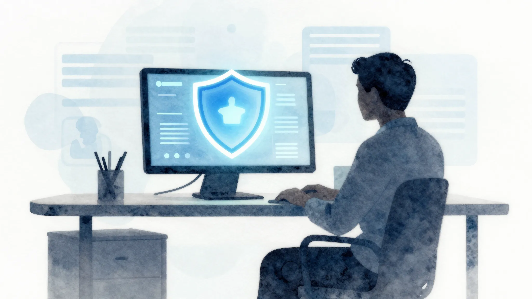 Watercolor style. A silhouette of a person sitting at a desk...