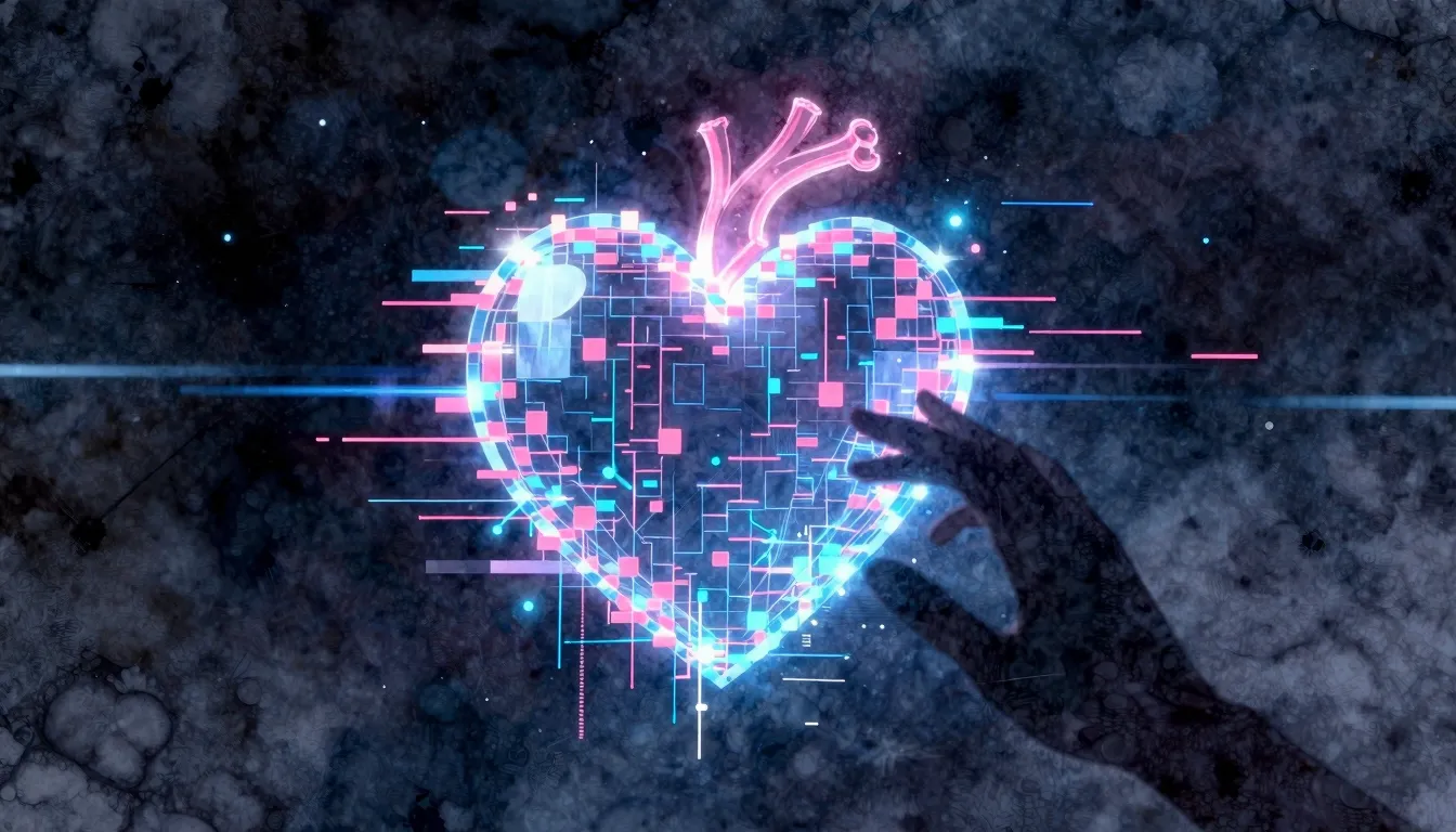 Watercolor style. A glowing digital heart made of pixels and...
