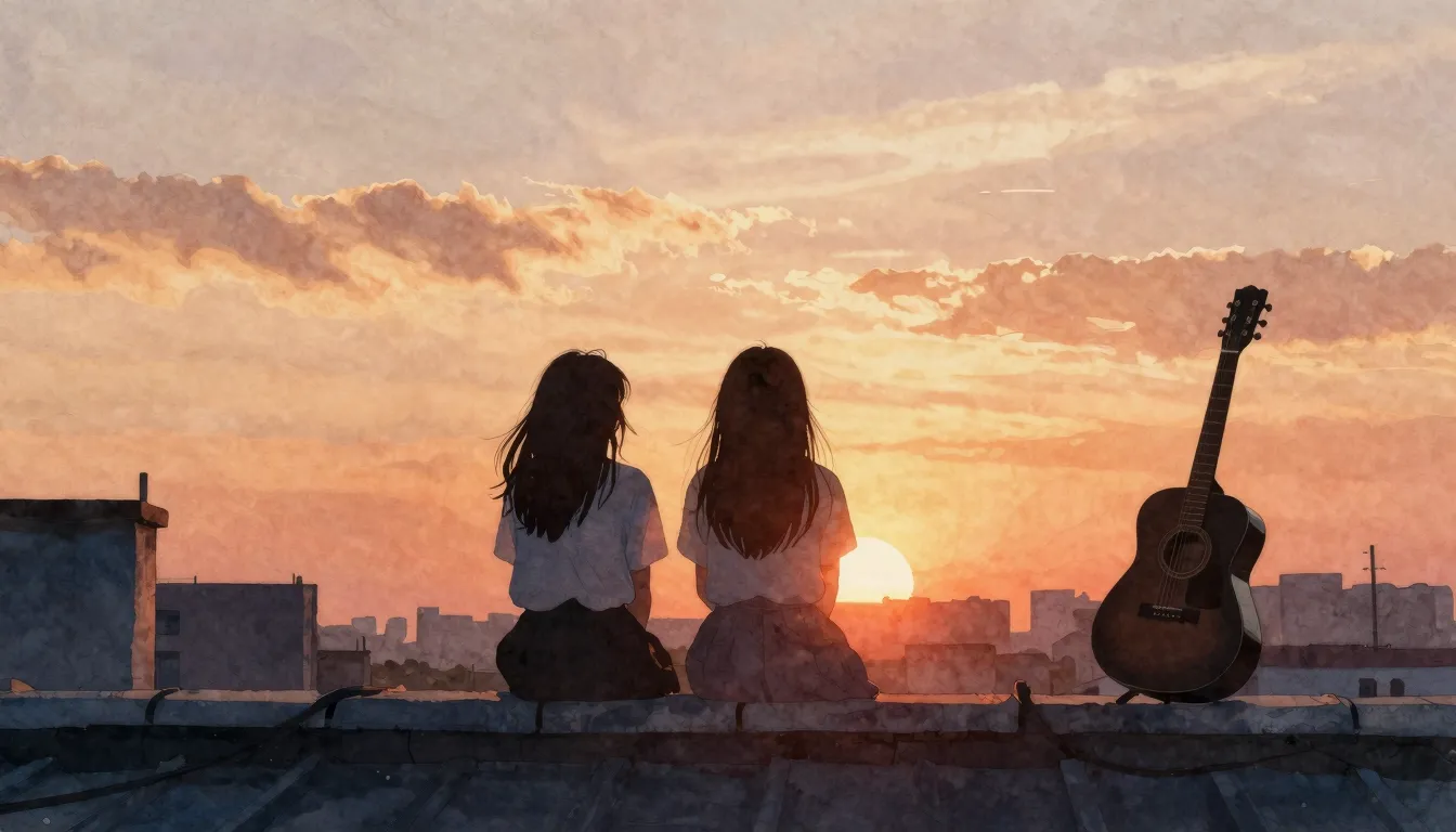 Watercolor style. Silhouette of two girls sitting on a roof ...