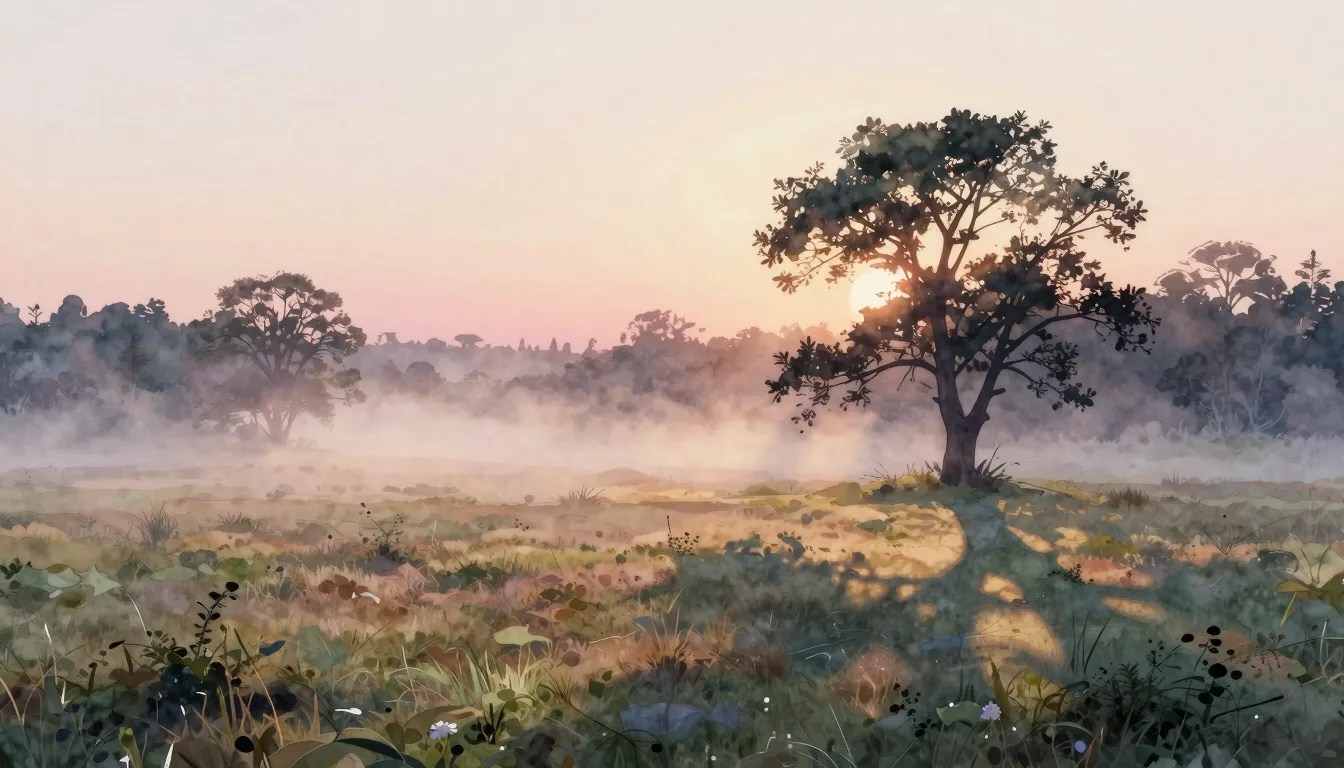 Watercolor style. A serene morning landscape with long shado...