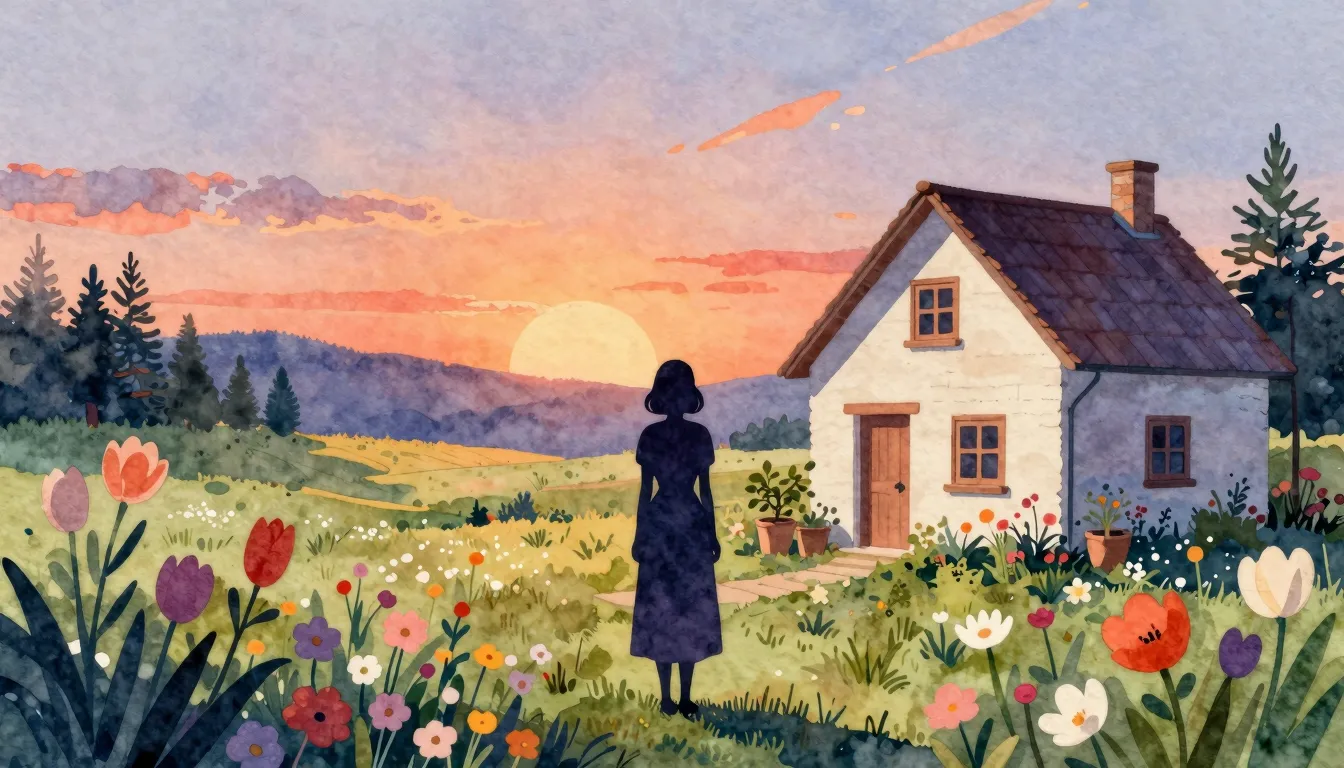 Watercolor style. Silhouette of a woman standing in a bloomi...