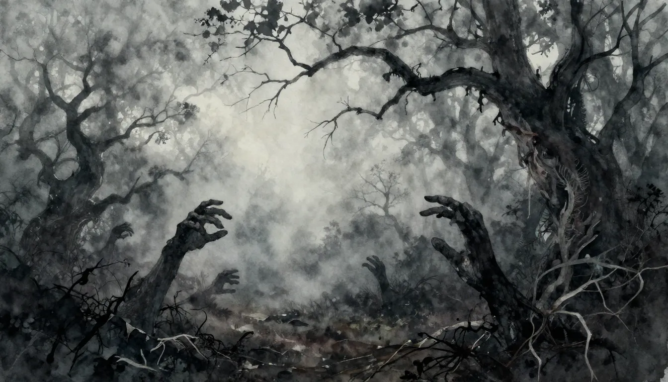 Vibrant watercolor style. Dark, eerie folk album cover. Dens...