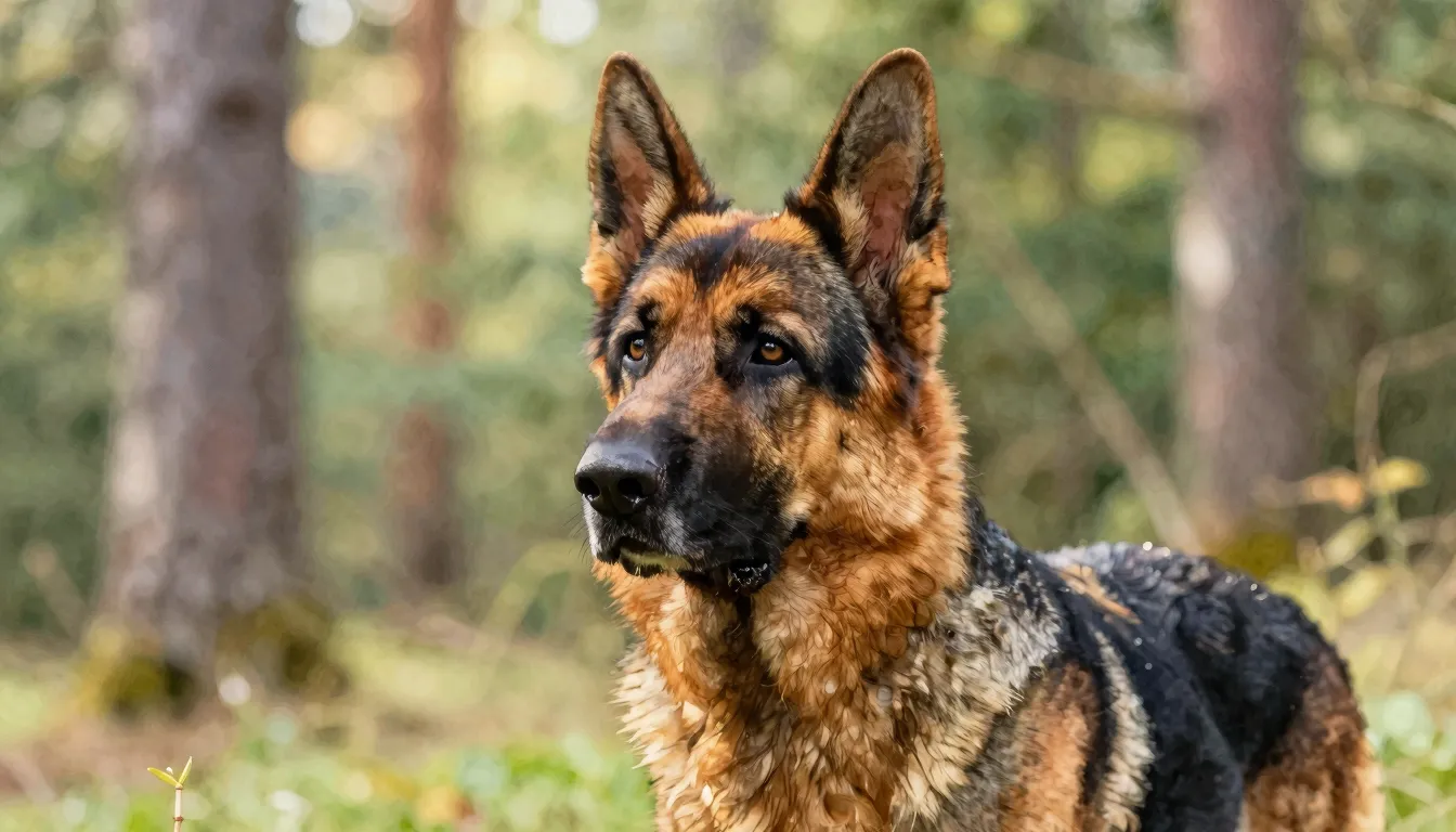Watercolor style. Close-up portrait of a noble German Shephe...