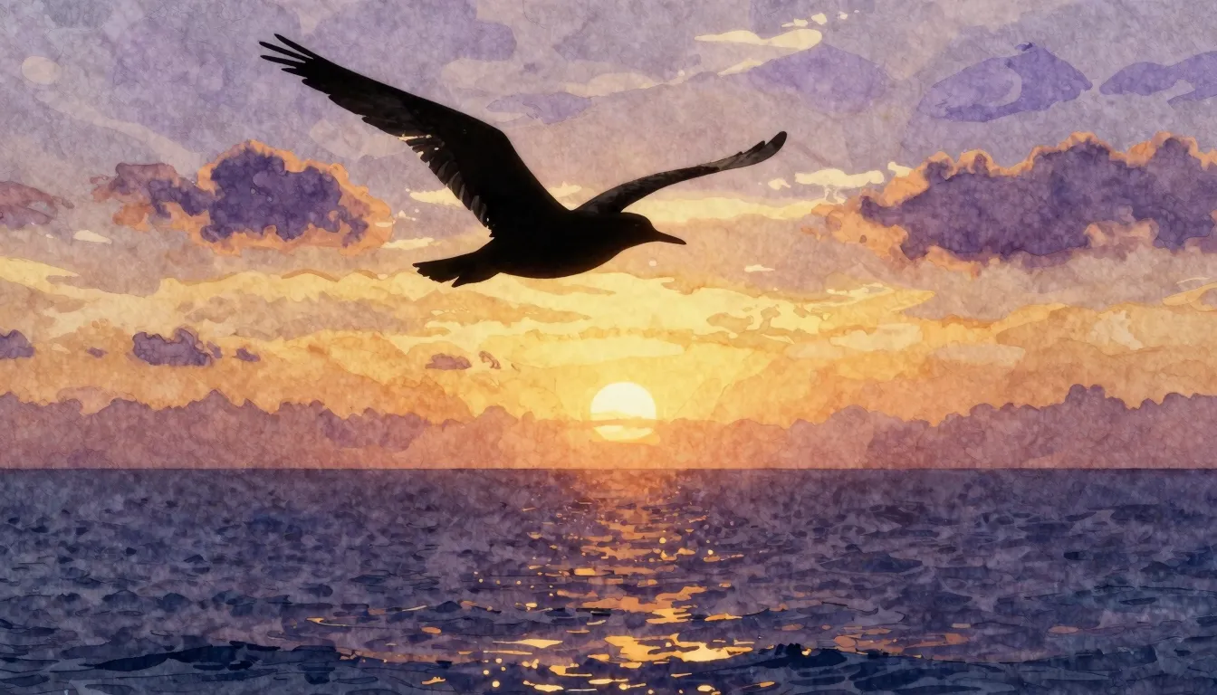 Watercolor style. A solitary silhouette of a bird flying tow...