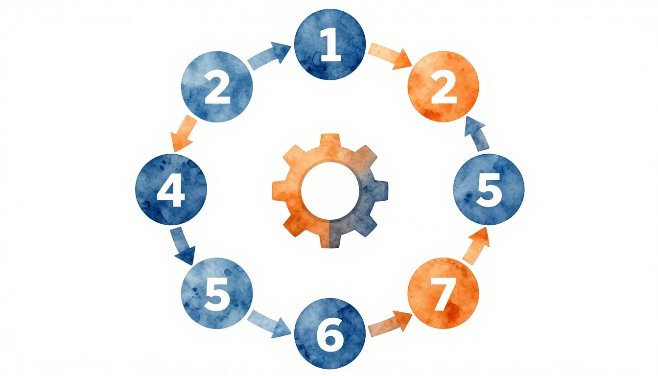 Watercolor style. A circular flow chart with 7 numbered step...