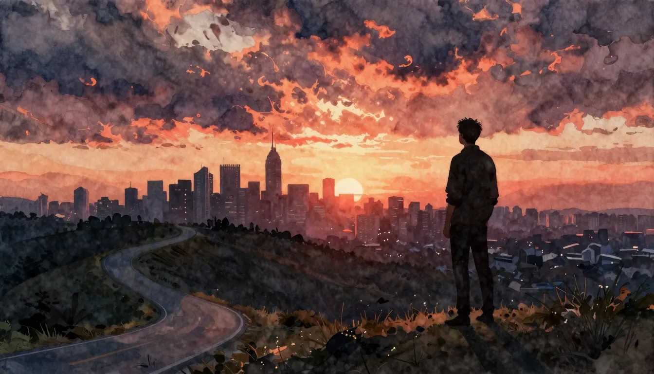 Watercolor style. A silhouette of a man standing on a hill, ...