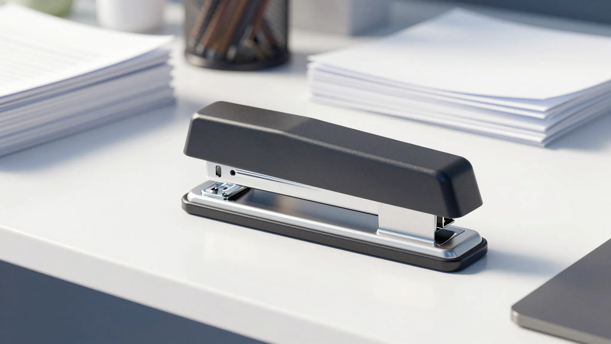 Watercolor style. A sleek desktop stapler on a clean office ...
