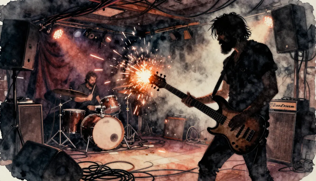 Watercolor style. A chaotic stage in a small club, a silhoue...