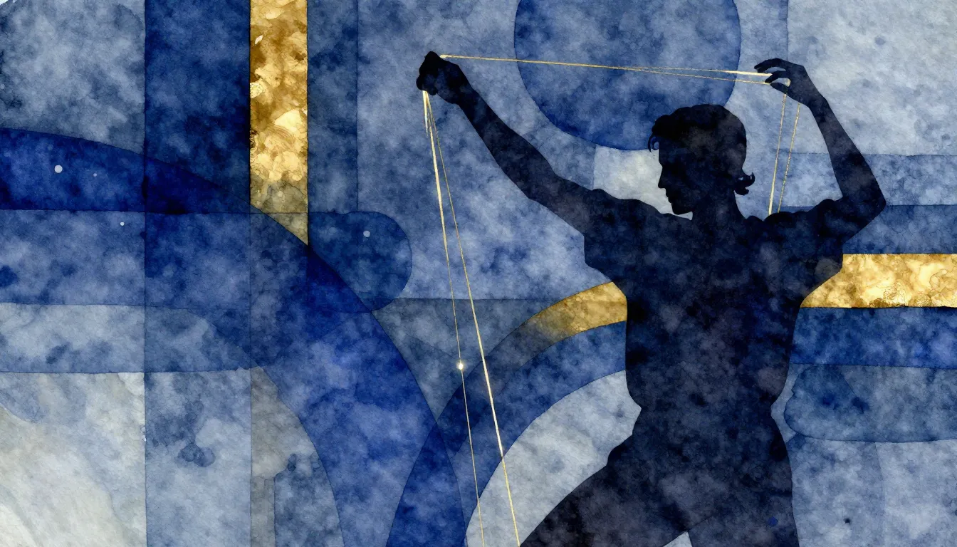 Watercolor style. A dark silhouette of a person controlling ...