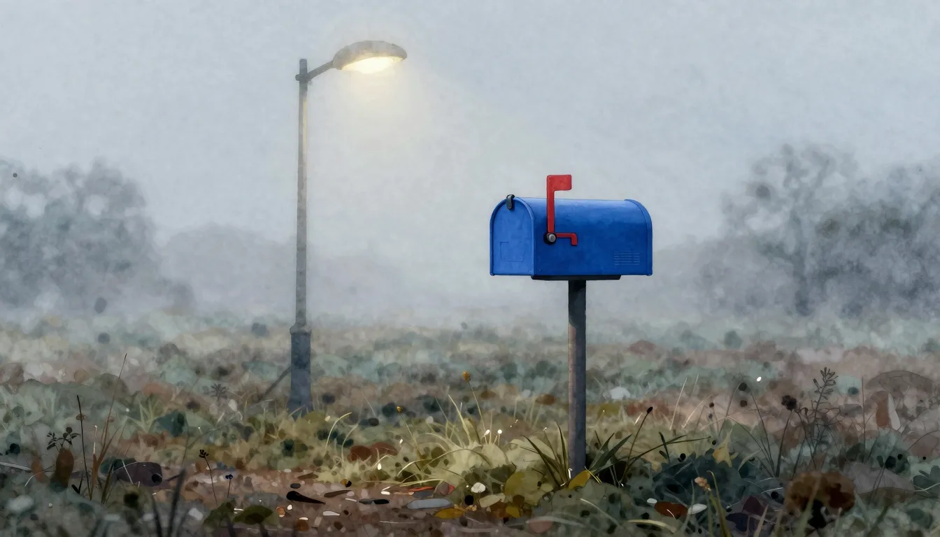 Watercolor style. A single blue mailbox standing alone in a ...