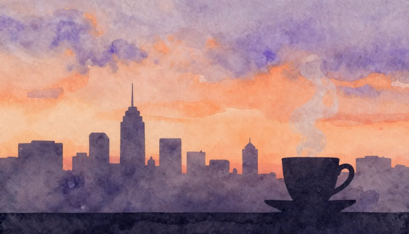 Watercolor style. A silhouette of a city skyline at dawn, so...
