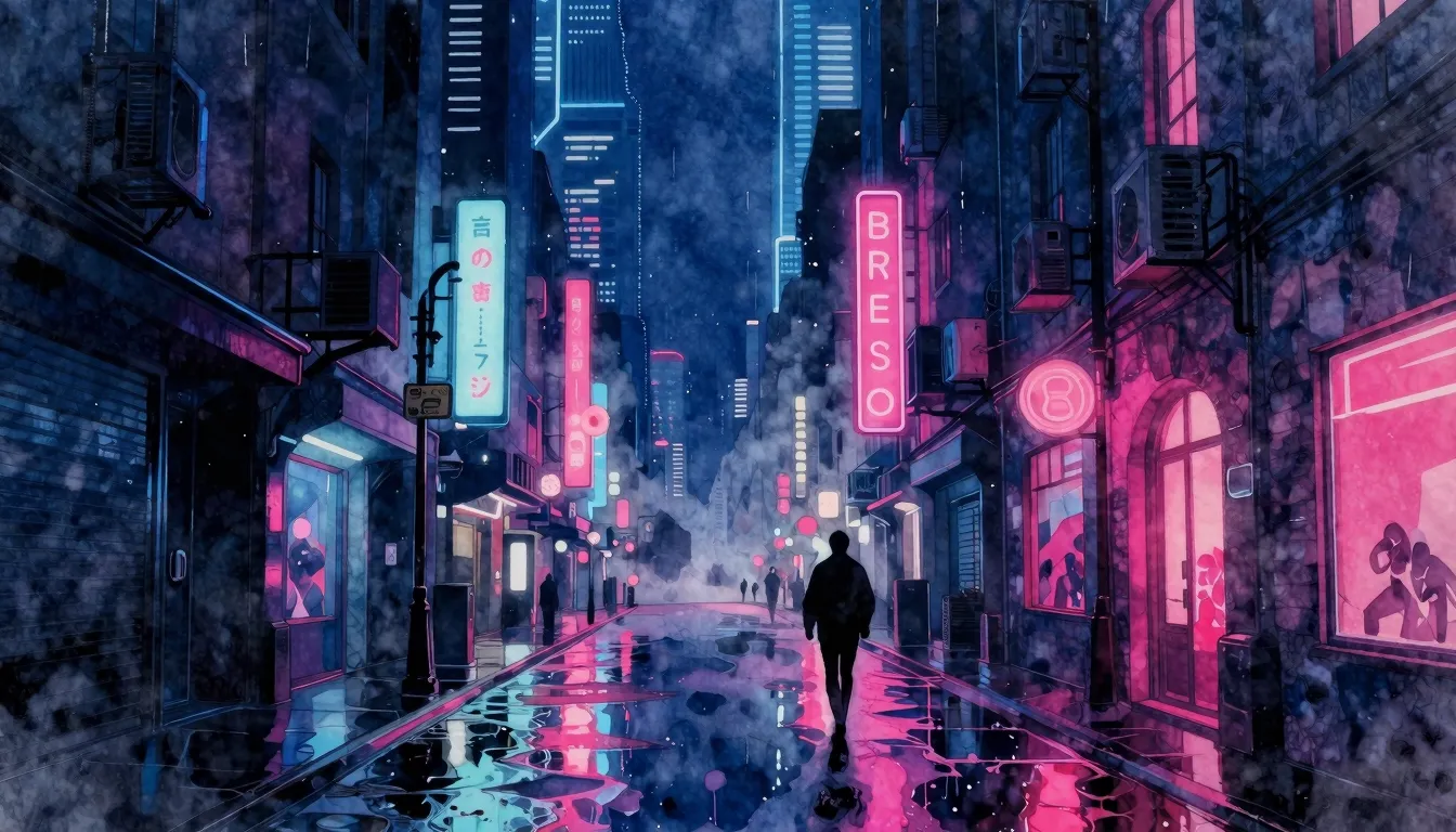 Watercolor style. Neon city streets at night, glowing blue a...