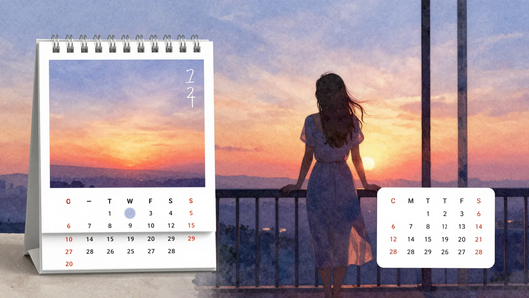 Watercolor style. Silhouette of a woman standing on a balcon...