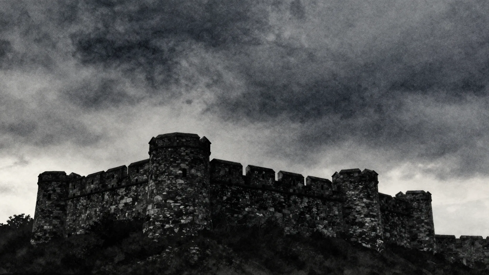Watercolor style. Silhouette of a massive stone fortress und...