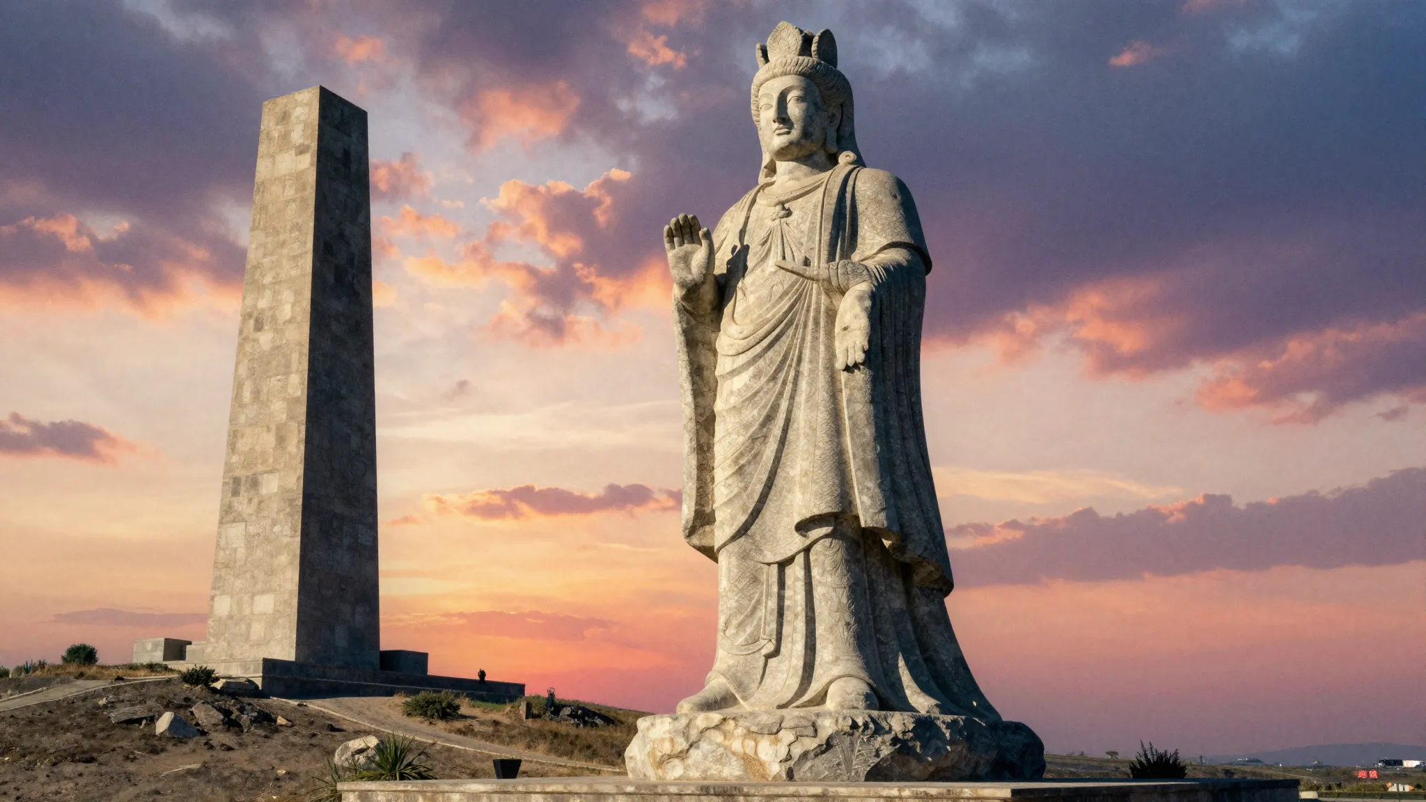 Watercolor style. Two massive stone statues standing on oppo...