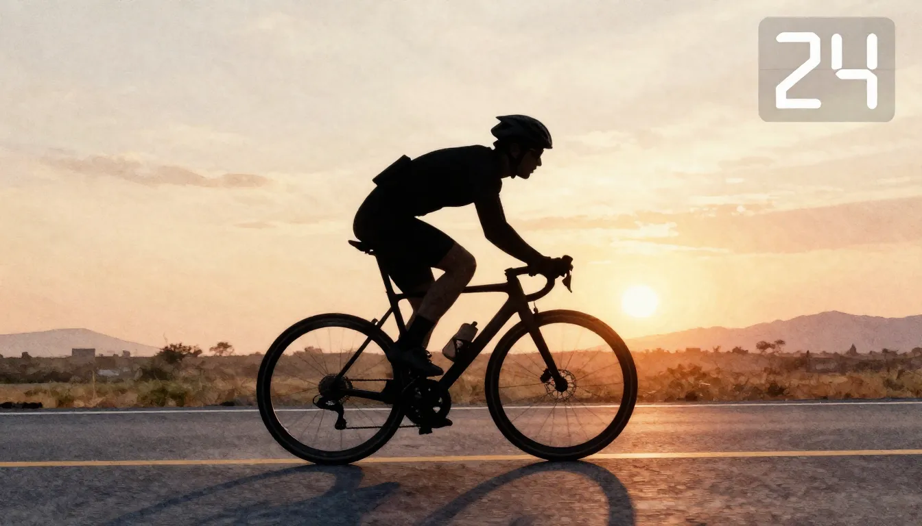 Watercolor style. Silhouette of a cyclist riding fast on a r...