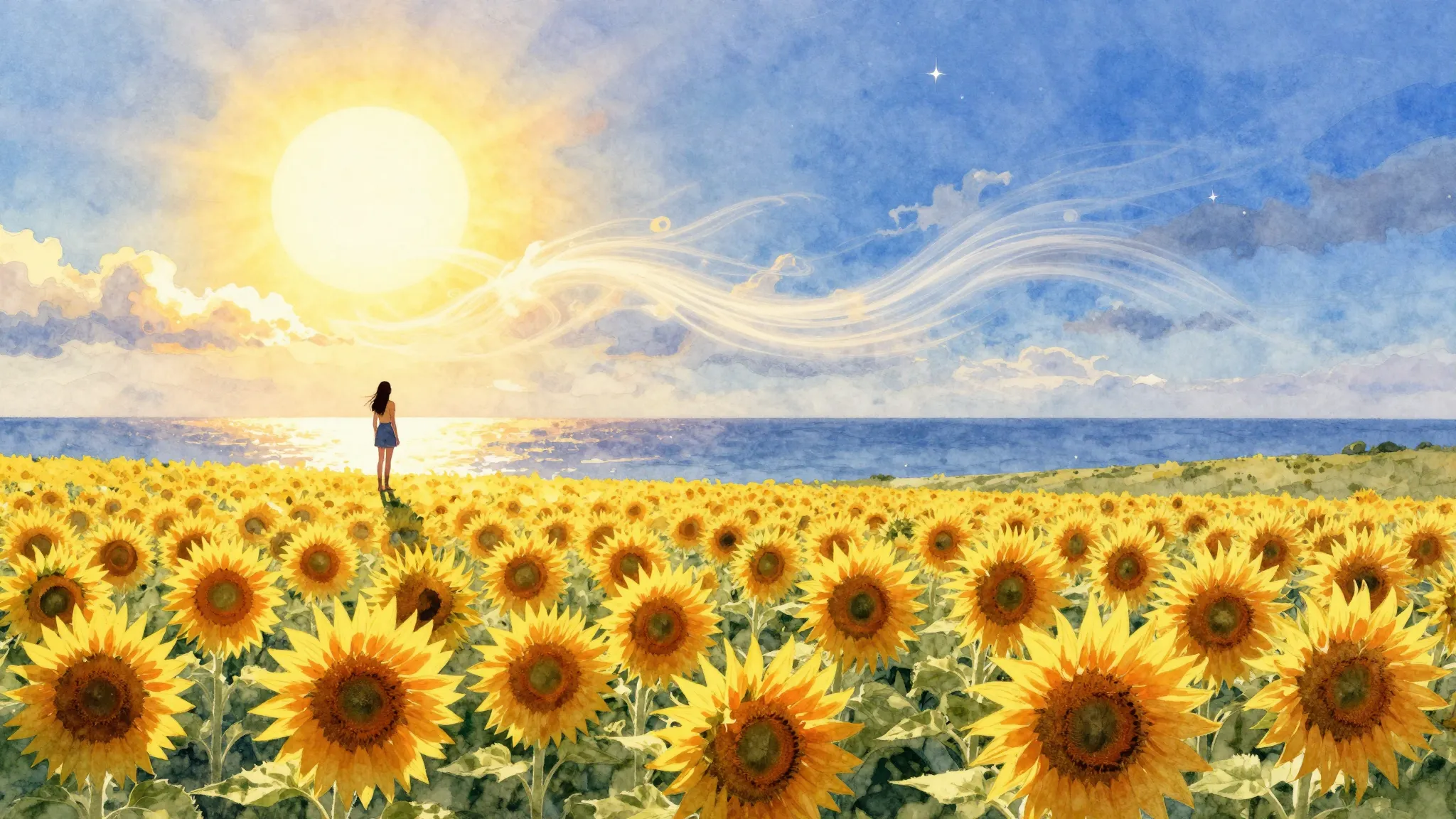 Watercolor style. A vast field of blooming sunflowers under ...