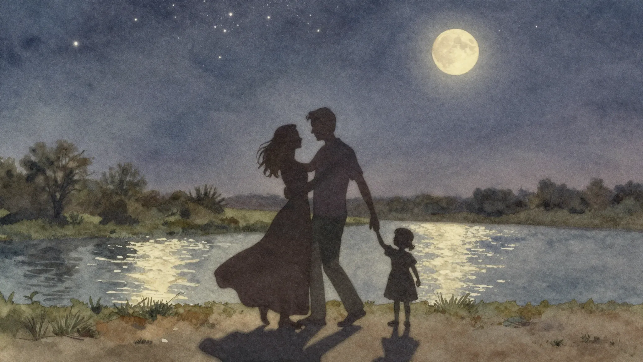 Watercolor style. A silhouette of a couple dancing under a s...