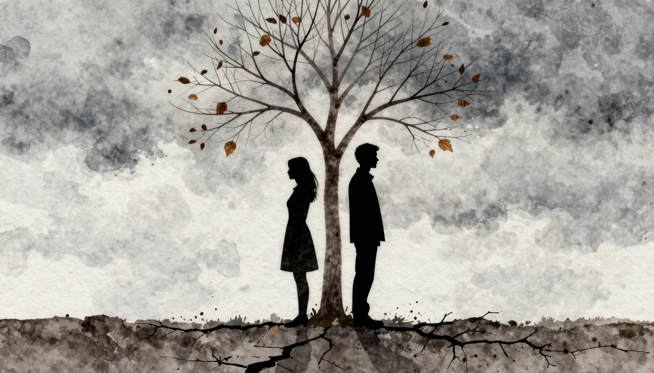Watercolor style. A silhouette of a man and a woman standing...